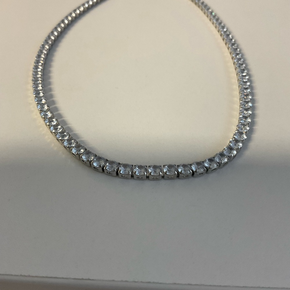 Elegant Silver-Blue Tone Clear Crystal Tennis Necklace